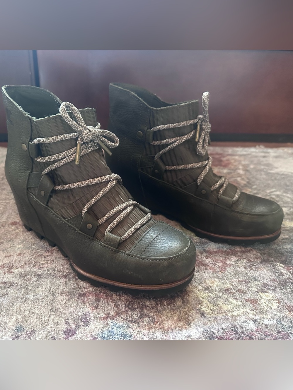 Sorel Wedge Ankle Boots in Dark Olive